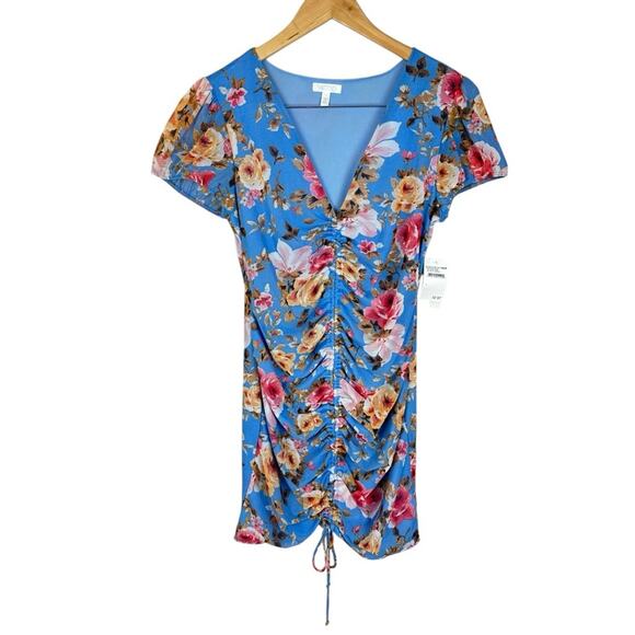 NWT Abound Blue Floral Short Sleeve Ruched Mini Bodycon Dress Size Large - Picture 2 of 10